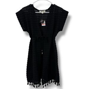 NEW Miken Black Cover Up Dress Size XS Chevron Swim Tassel Boho Beach